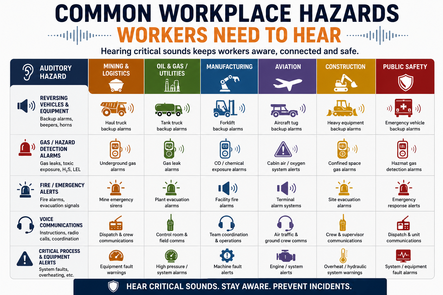 Infographic showing common workplace hazards workers need to hear, including backup alarms, gas detection alarms, emergency alerts, communications, and equipment warnings across multiple industries.