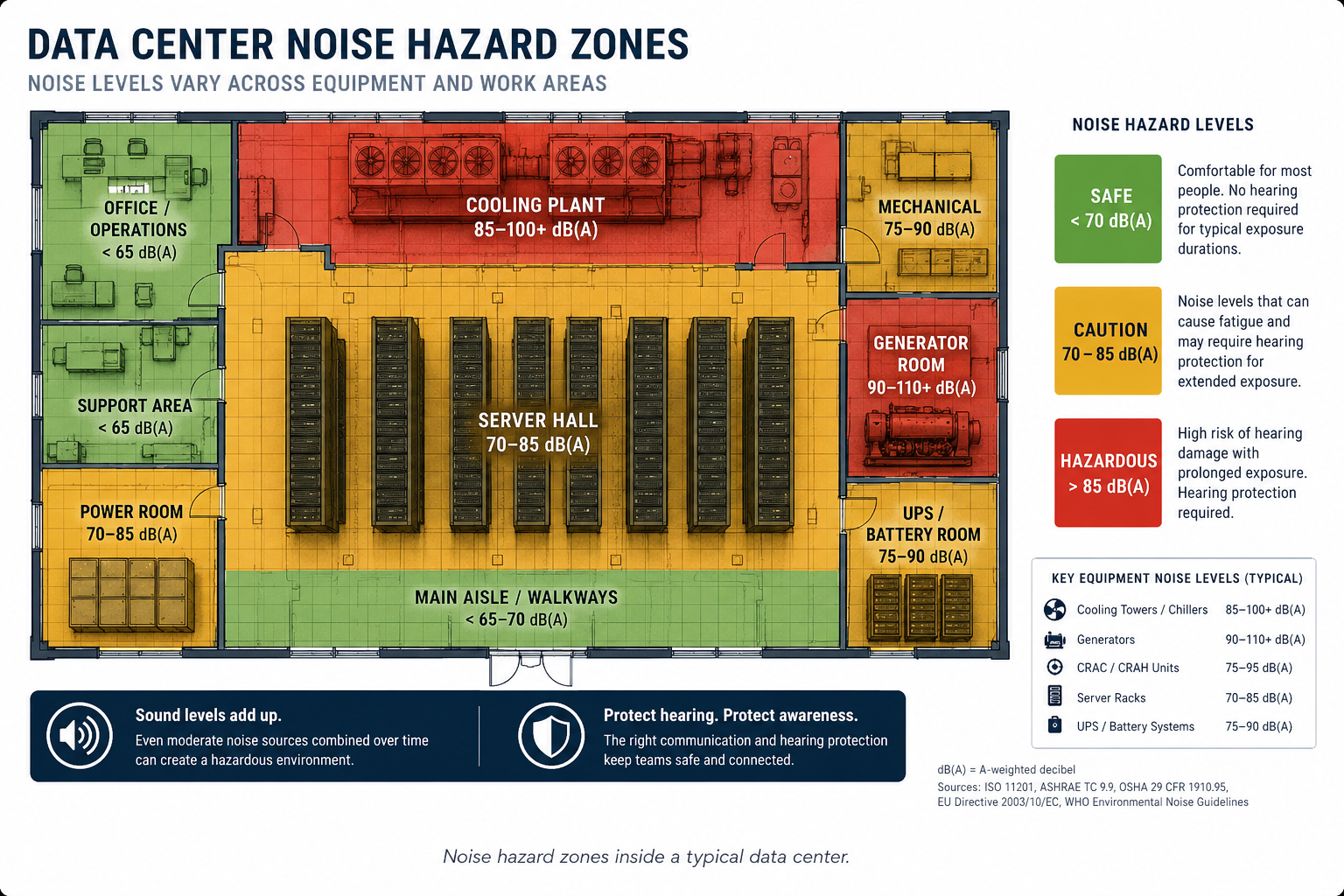 Color-coded noise hazard zones inside a data center floor plan showing dB(A) levels