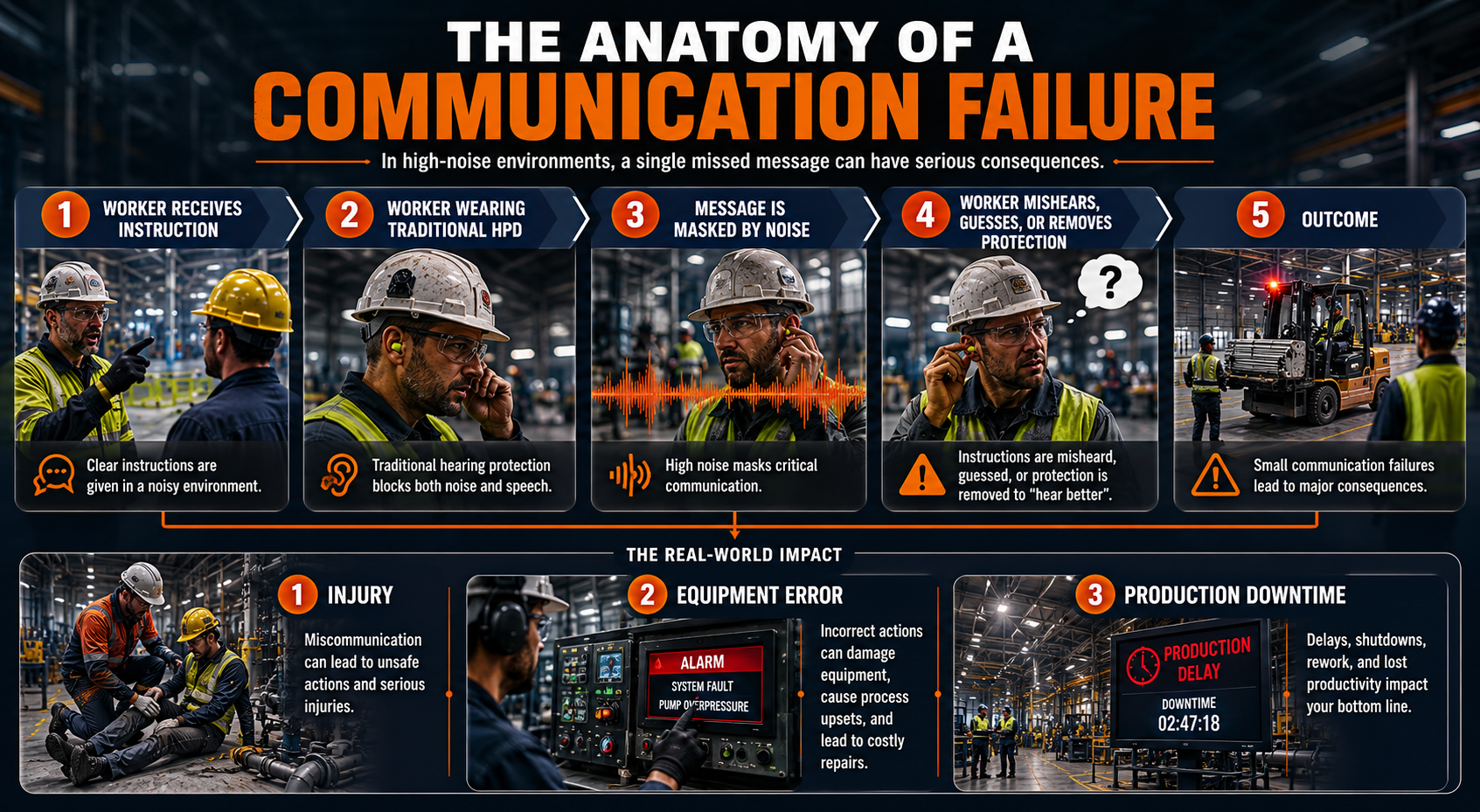 Diagram illustrating how traditional hearing protection creates a communication breakdown chain in industrial workplaces
