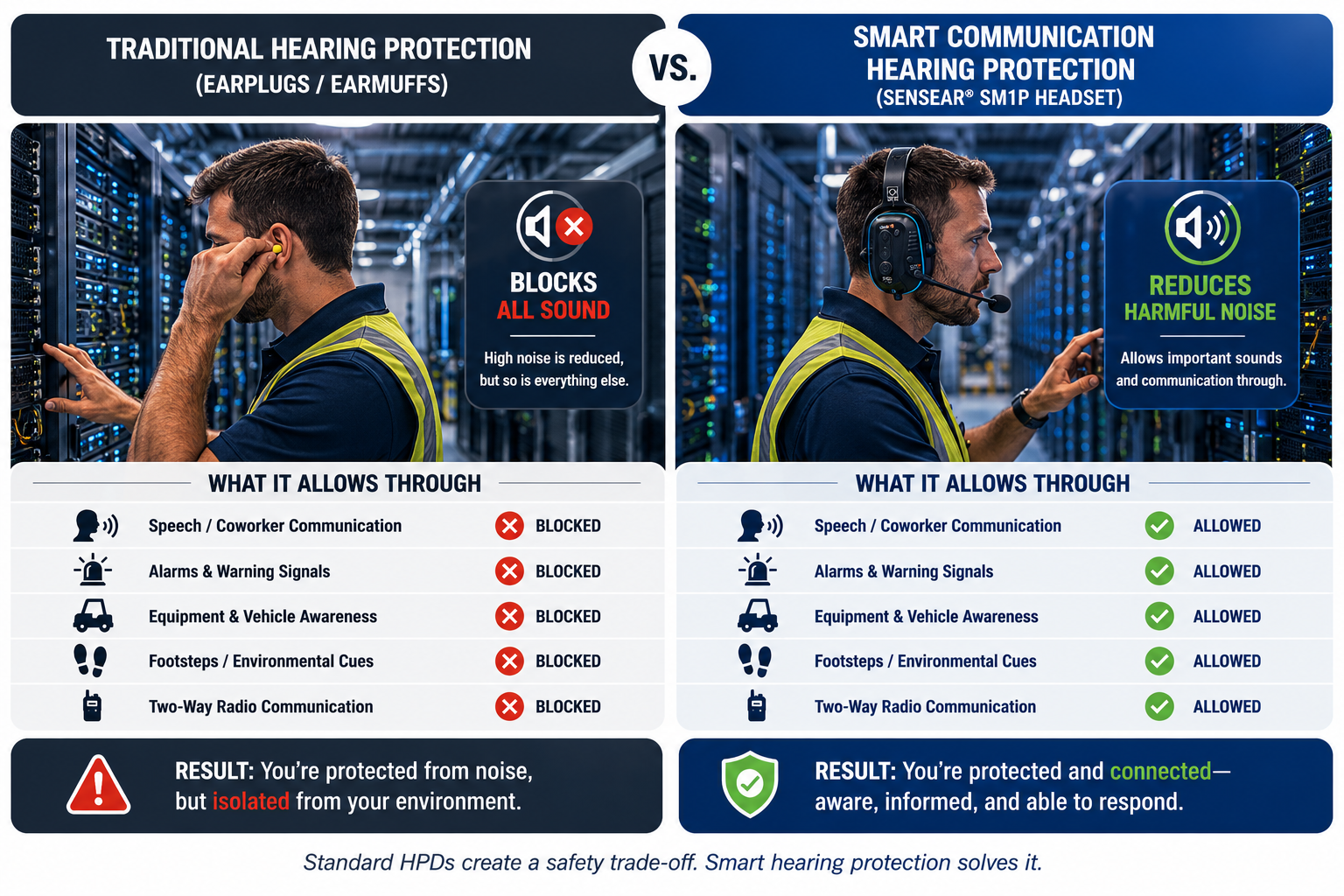 Infographic comparing traditional hearing protection and smart communication hearing protection in a data center, showing how Sensear headsets reduce harmful noise while allowing communication and situational awareness.