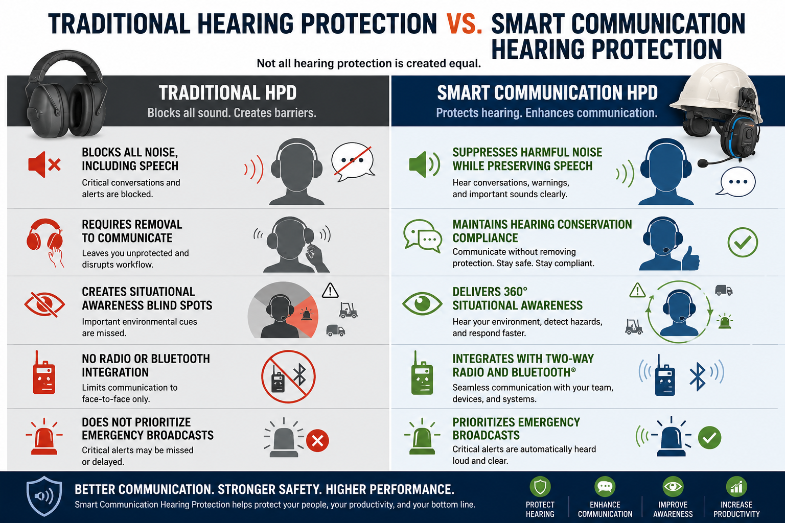 Side-by-side comparison of traditional hearing protection and smart communication hearing protection capabilities in industrial environments