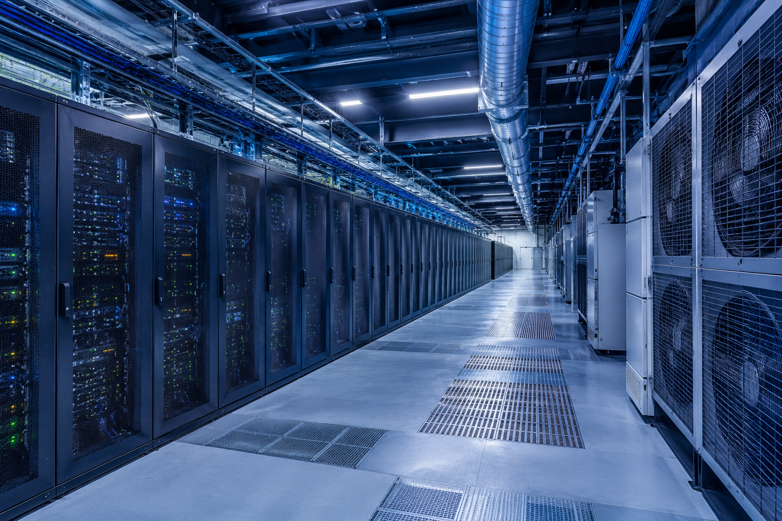 Rows of servers inside a hyperscale data center — a high-noise environment requiring hearing protection and communication solutions.